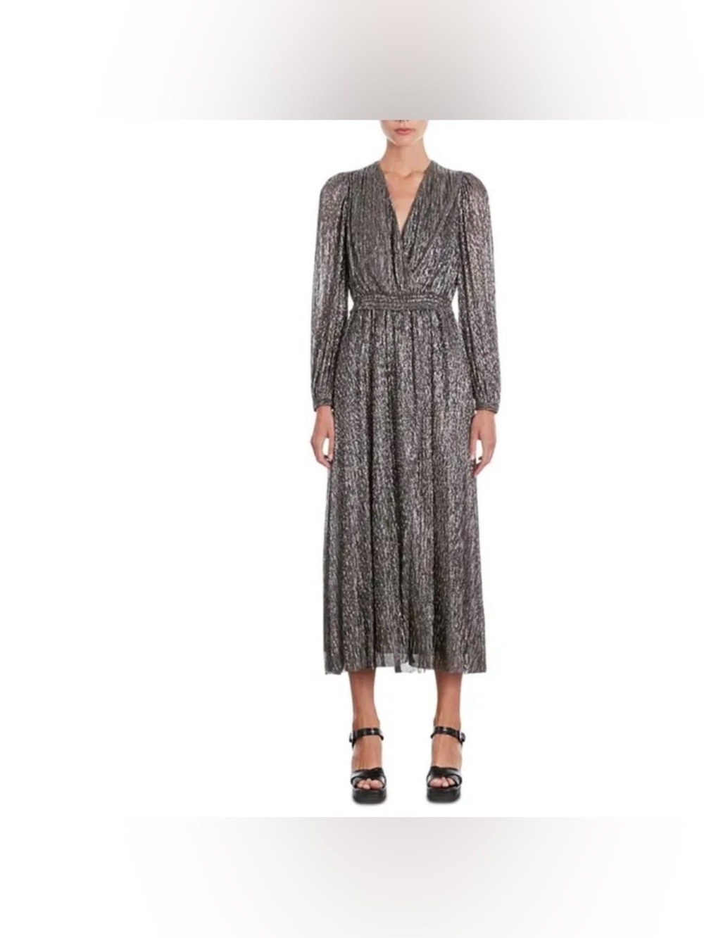 The Kooples Silver Metallic V-Neck Long Sleeve Midi Dress